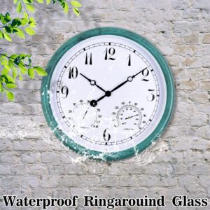 15 Inch Indoor/Outdoor Waterproof Wall Clock, Outdoor Clock with Thermometer and Hygrometer Combo, Retro Round Silent Battery Operated Quartz Wall Clock for Patio Home Bathroom Porch Pool (Green)