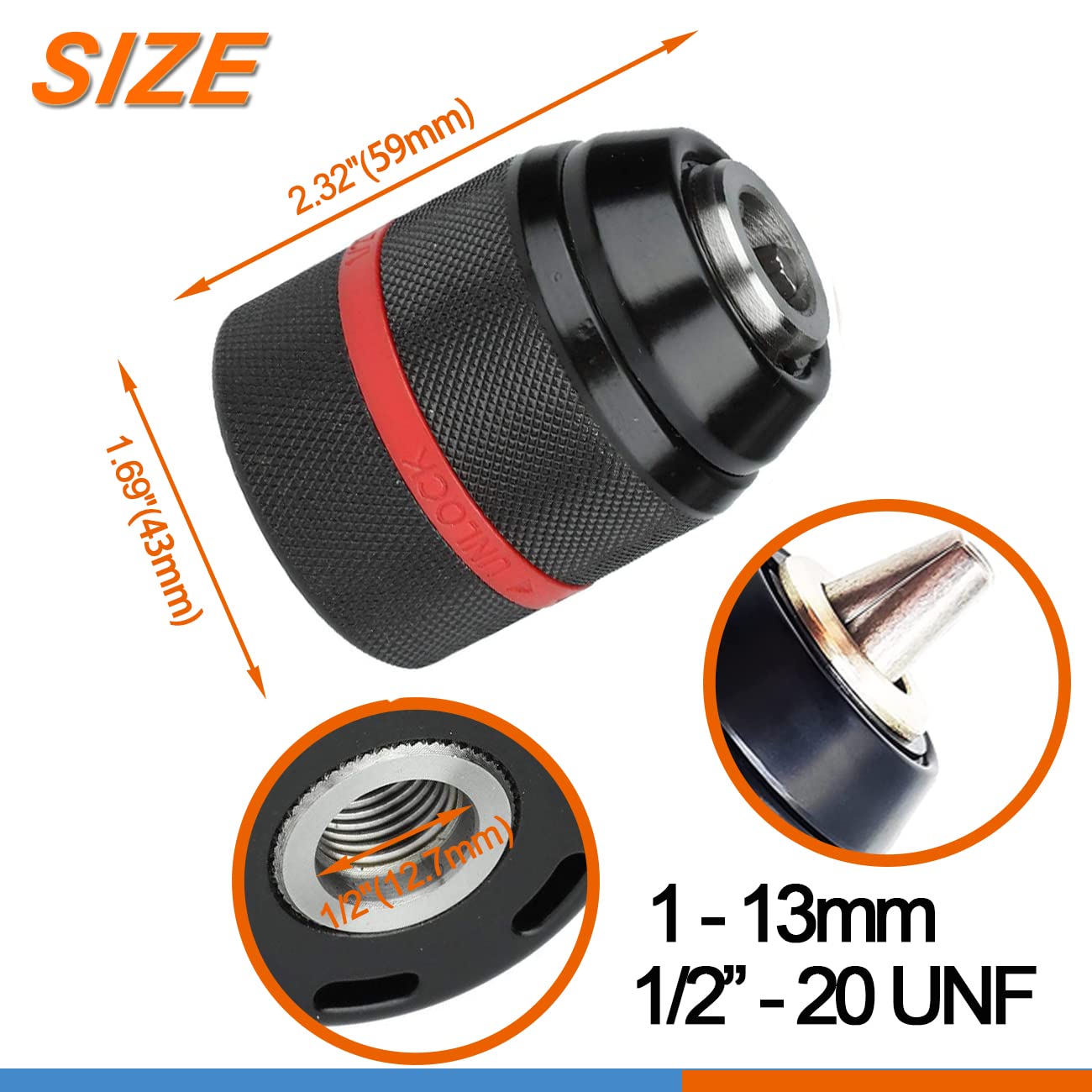 GANYEE 1-13mm Keyless Drill Chuck Adapter Kit 1/2"-20UNF with SDS-Plus Shank 1/4" Hex Shank 1/2" Socket Square Female Adapter fits Rotary hammer/Impact wrench/Impact Screwdriver
