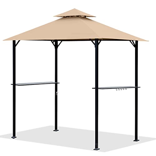 OLILAWN 8' x 5' Grill Gazebo, BBQ Gazebo Canopy for Outdoor Grill, Barbecue Canopy with Led Lights and Carrying Bag, Outdoor BBQ Shelter with Sturdy Steel Frame and Durable Tarpaulin, Beige