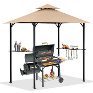 olilawn 8' x 5' grill gazebo, bbq gazebo canopy for outdoor grill, barbecue canopy with led lights and carrying bag, outdoor bbq shelter with sturdy steel frame and durable tarpaulin, beige
