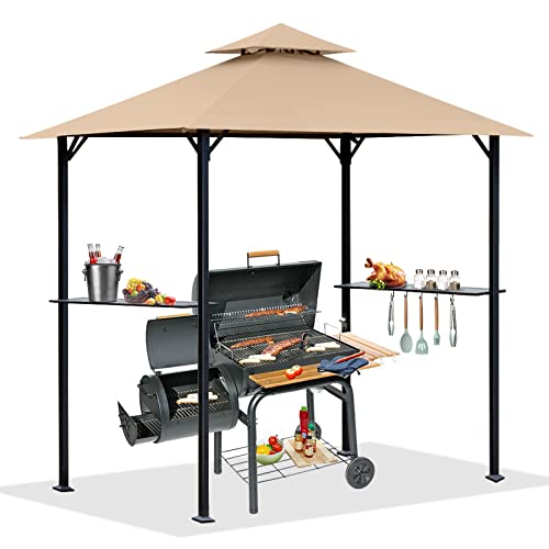 OLILAWN 8' x 5' Grill Gazebo, BBQ Gazebo Canopy for Outdoor Grill, Barbecue Canopy with Led Lights and Carrying Bag, Outdoor BBQ Shelter with Sturdy Steel Frame and Durable Tarpaulin, Beige