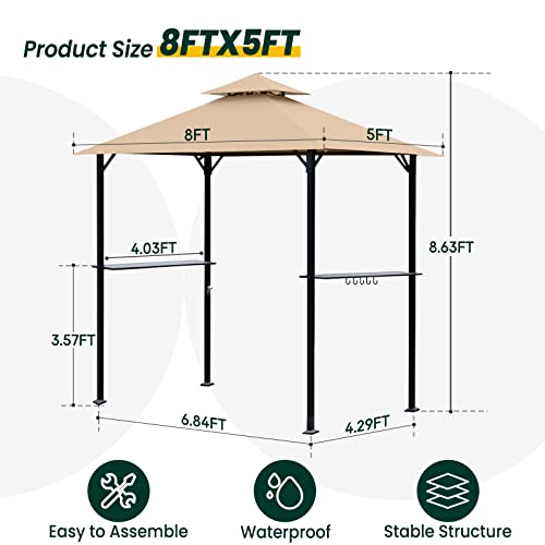 OLILAWN 8' x 5' Grill Gazebo, BBQ Gazebo Canopy for Outdoor Grill, Barbecue Canopy with Led Lights and Carrying Bag, Outdoor BBQ Shelter with Sturdy Steel Frame and Durable Tarpaulin, Beige