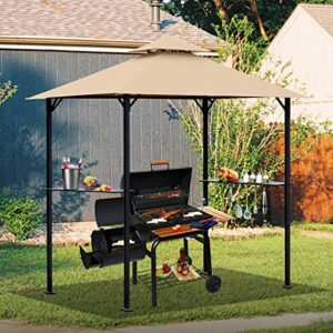 OLILAWN 8' x 5' Grill Gazebo, BBQ Gazebo Canopy for Outdoor Grill, Barbecue Canopy with Led Lights and Carrying Bag, Outdoor BBQ Shelter with Sturdy Steel Frame and Durable Tarpaulin, Beige