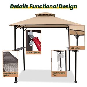 OLILAWN 8' x 5' Grill Gazebo, BBQ Gazebo Canopy for Outdoor Grill, Barbecue Canopy with Led Lights and Carrying Bag, Outdoor BBQ Shelter with Sturdy Steel Frame and Durable Tarpaulin, Beige