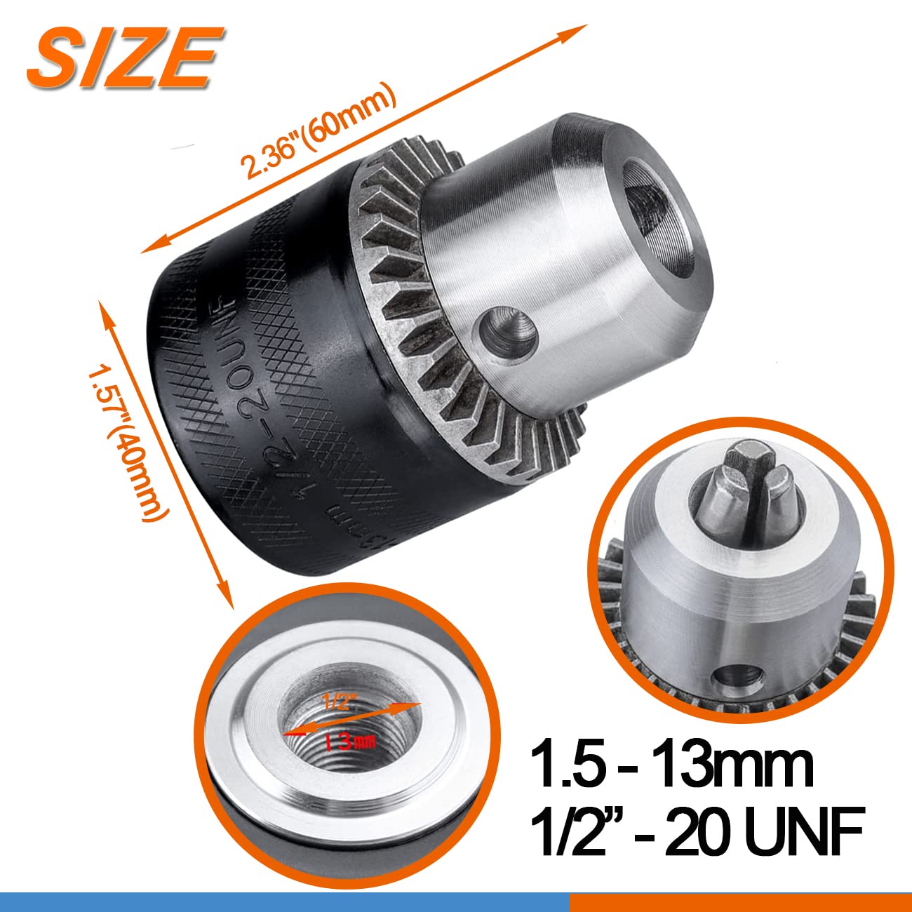 GANYEE 1.5-13mm Keyed Drill Chuck Adapter Kit 1/2"-20UNF with SDS-Plus Shank 1/4" Hex Shank 1/2" Socket Square Female Adapter fits Rotary hammer/Impact wrench/Impact Screwdriver