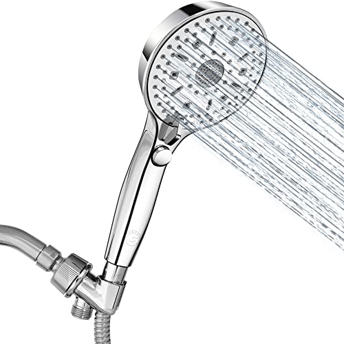 Goldenhome 12 Spray Setting Handheld Shower Head with ON/Off Pause Switch, 4.8" Showerhead with 6ft Stainless Steel Hose and Adjustable Angle Bracket, Chrome