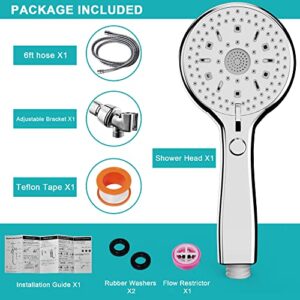 Goldenhome 12 Spray Setting Handheld Shower Head with ON/Off Pause Switch, 4.8" Showerhead with 6ft Stainless Steel Hose and Adjustable Angle Bracket, Chrome