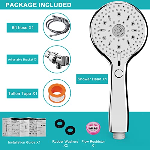 Goldenhome 12 Spray Setting Handheld Shower Head with ON/Off Pause Switch, 4.8" Showerhead with 6ft Stainless Steel Hose and Adjustable Angle Bracket, Chrome