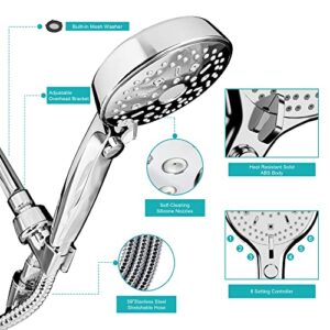 Goldenhome 12 Spray Setting Handheld Shower Head with ON/Off Pause Switch, 4.8" Showerhead with 6ft Stainless Steel Hose and Adjustable Angle Bracket, Chrome