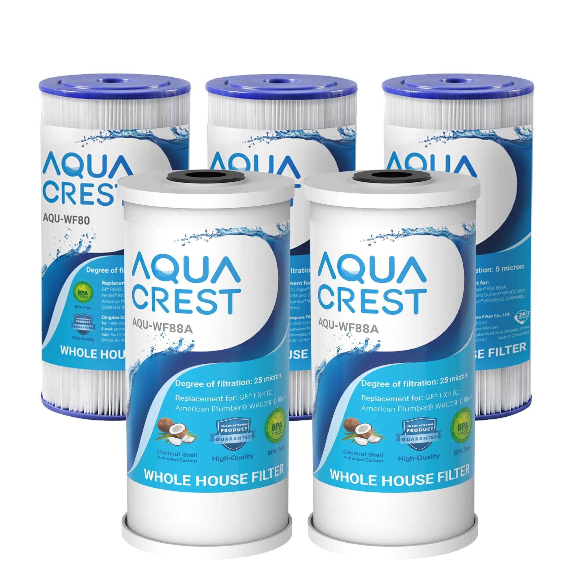 AQUACREST FXHSC & FXHTC 10" x 4.5" Whole House Water Filter, Replacement for GE FXHSC/FXHTC, Culligan R50-BBSA/RFC-BBSA, Pack of 5, Bundle