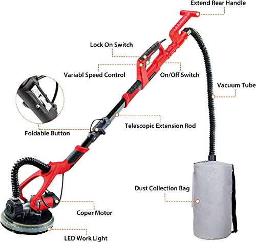 POWERMAVERICK Electric Drywall Sander,750W Drywall Sander with Vacuum,Foldable Wall Ceiling Sander with Extendable Handle,6 Variable Speed 1000-1850 RPM,Double-Deck LED Light,12 Sanding Papers