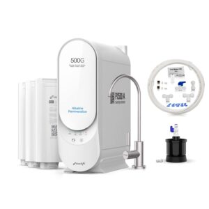 frizzlife px500-a reverse osmosis water filtration system - alkaline & remineralization, 500 gpd fast flow ro filter, with mwt3 mini water tank, with imc-1 ice maker kit