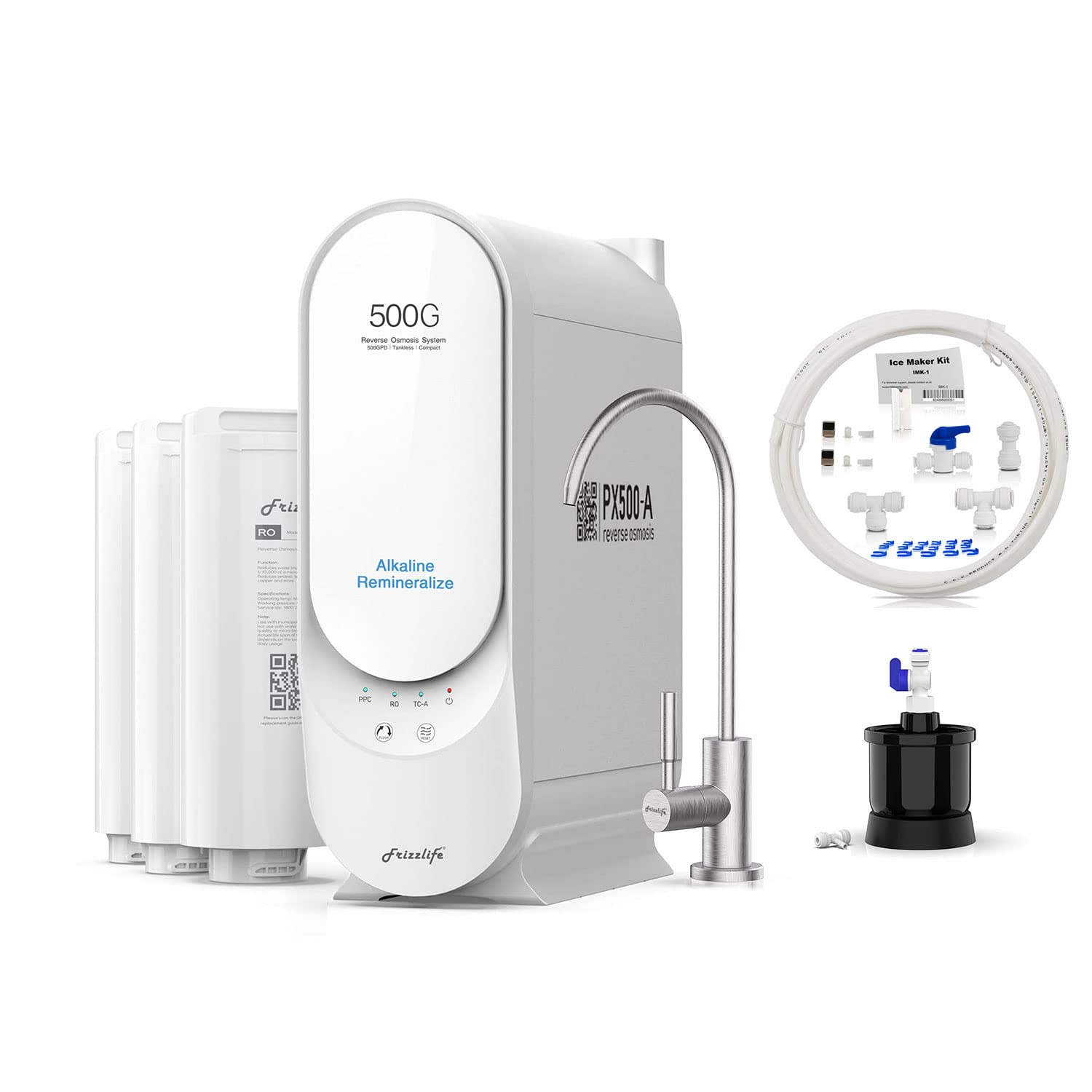 Frizzlife PX500-A Reverse Osmosis Water Filtration System - Alkaline & Remineralization, 500 GPD Fast Flow RO Filter, with MWT3 Mini Water Tank, with IMC-1 Ice Maker Kit