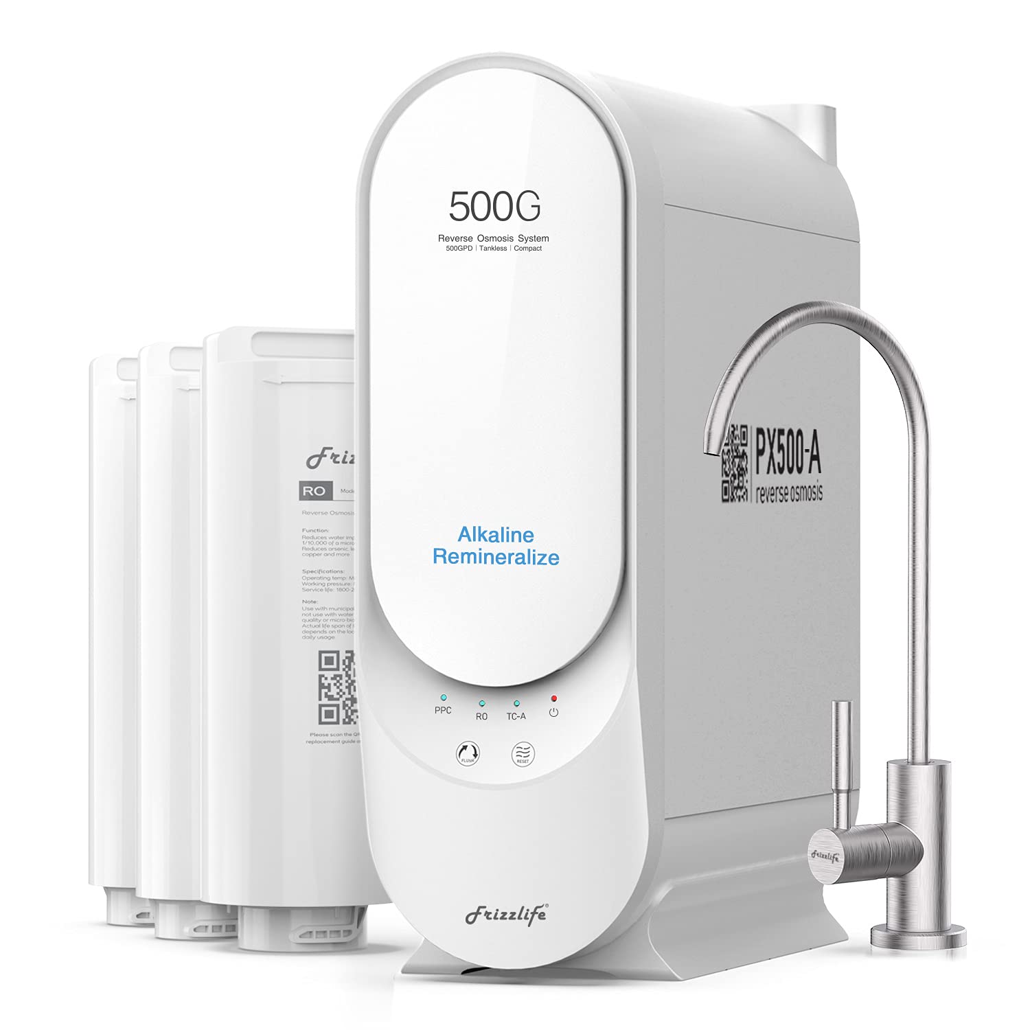Frizzlife PX500-A Reverse Osmosis Water Filtration System - Alkaline & Remineralization, 500 GPD Fast Flow RO Filter, with MWT3 Mini Water Tank, with IMC-1 Ice Maker Kit