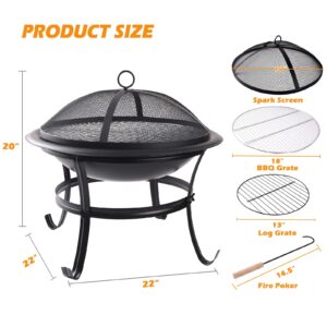 SOBEIT 2 in 1 Fire Pit with BBQ Grill, Outdoor Wood Burning Fire Pit with Spark Screen & Fire Poker, Portable Fire Pit Bowl for Outside Garden Patio(Black, 22inch)