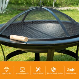 SOBEIT 2 in 1 Fire Pit with BBQ Grill, Outdoor Wood Burning Fire Pit with Spark Screen & Fire Poker, Portable Fire Pit Bowl for Outside Garden Patio(Black, 22inch)