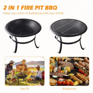 SOBEIT 2 in 1 Fire Pit with BBQ Grill, Outdoor Wood Burning Fire Pit with Spark Screen & Fire Poker, Portable Fire Pit Bowl for Outside Garden Patio(Black, 22inch)