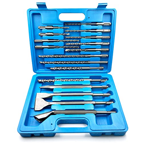 JFOGO Rotary Hammer Drill Bits Set & Chisels- 17 Pieces SDS Plus Concrete Masonry Hole Tool for Concrete，Brick,Block,Stone,Masonry