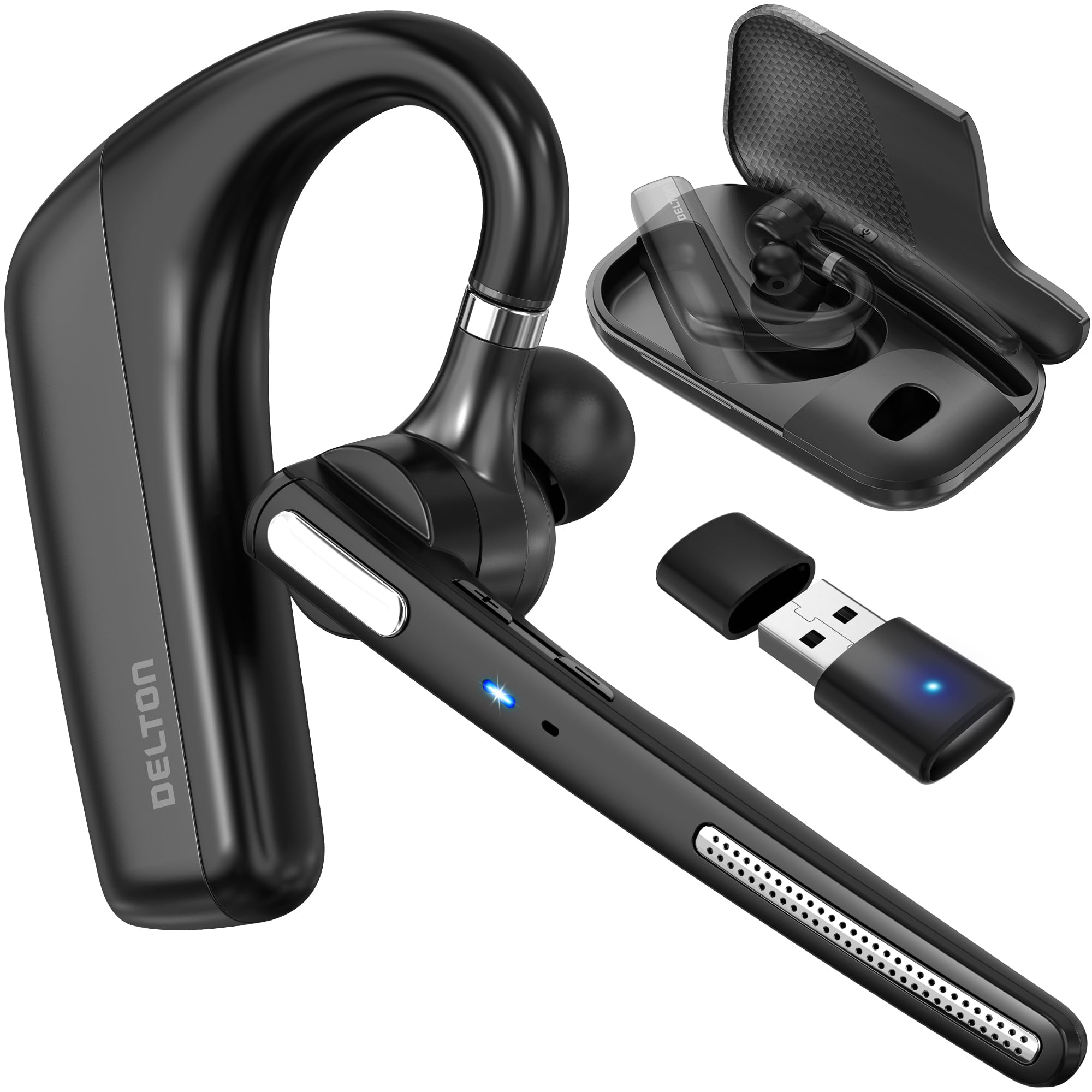 Ultralight Bluetooth Headset with Noise Cancelling Microphone, Business Wireless Headphones with Mic, Auto-Pair USB Dongle for PC/Laptop, Handsfree, Mute & Volume Buttons, for Meet|Skype|Zoom|Teams