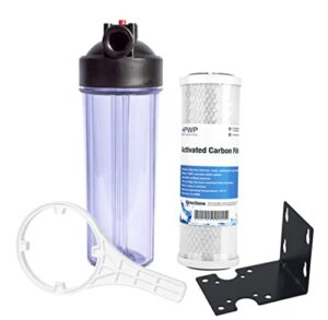 water filtration system with 3/4" clear housing and activated carbon filter removes chlorine, taste, and odor