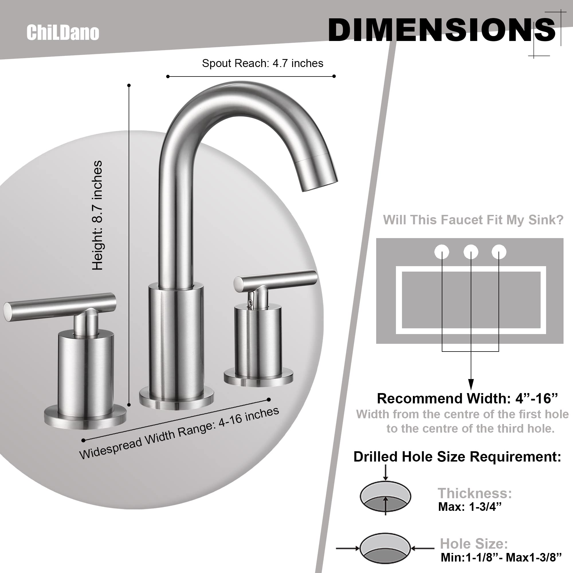 Widespread Bathroom Faucet with Sink Drain and Supply Hose, Brushed Nickel 3 Hole Faucet for Bathroom Sink, ChiLDano Satin Nickel 2-Handle Bathroom Faucet CH2183BN