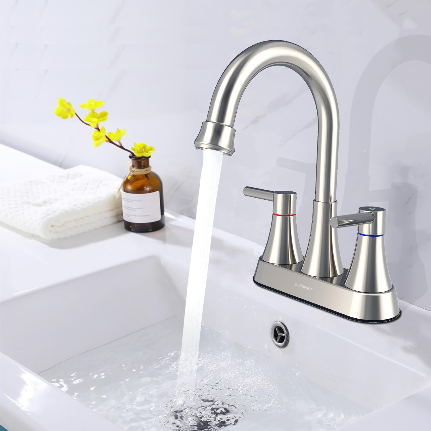 4 inch 2-Handle Centerset Faucets Bathroom Sink Faucet with Pop Up Drain,360 Swivel Spout,Stainless Steel Lead-Free Sink Faucet with 2 Water Supply Lines for Bathroom Sink 2-3 Holes (Brushed Nickel)