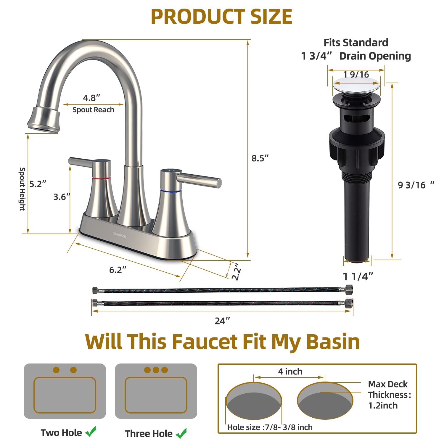 4 inch 2-Handle Centerset Faucets Bathroom Sink Faucet with Pop Up Drain,360 Swivel Spout,Stainless Steel Lead-Free Sink Faucet with 2 Water Supply Lines for Bathroom Sink 2-3 Holes (Brushed Nickel)