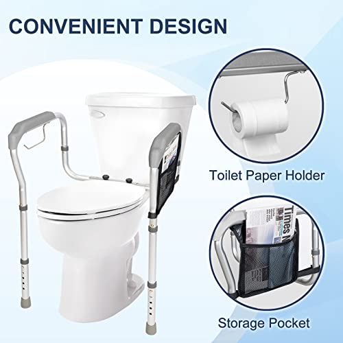 Toilet Safety Rails for Elderly, HEPO Handicap Toilet Frame with Handles and Storage Bag, Adjustable Height and Width for Bathroom Toilet Seat, Safety Assist Frame with Grab Bar for Senior Disabled