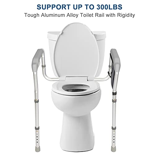 Toilet Safety Rails for Elderly, HEPO Handicap Toilet Frame with Handles and Storage Bag, Adjustable Height and Width for Bathroom Toilet Seat, Safety Assist Frame with Grab Bar for Senior Disabled