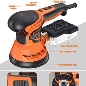 Random Orbital Sander, DWT 2.8A 350W Power Orbital Sander with 7 Variable Speed, 14Pcs Sanding Discs(2Pcs Upgrade Dust-free Sandpaper), Cyclone Box, 5-Inch Corded Electric Sander for Sanding Wood/Rust