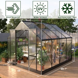 AMERLIFE 8x10x7.5 FT Polycarbonate Greenhouse 2 Sliding Doors 2 Vent Window Walk-in Premium Greenhouse Storage Shed Sunroom Aluminum Large Hot House for Outdoor Garden Backyard Matte Black
