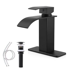 herogo black bathroom faucet with bathroom sink drain, single handle waterfall bathroom sink faucet for 1 hole or 3 holes, stainless steel matte black vanity rv lavatory faucet with water supply hoses