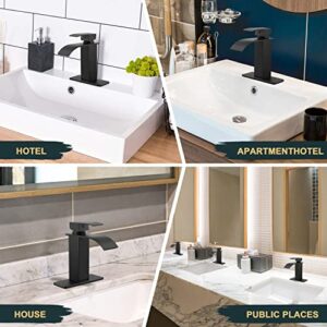 Herogo Black Bathroom Faucet with Bathroom Sink Drain, Single Handle Waterfall Bathroom Sink Faucet for 1 Hole or 3 Holes, Stainless Steel Matte Black Vanity RV Lavatory Faucet with Water Supply Hoses