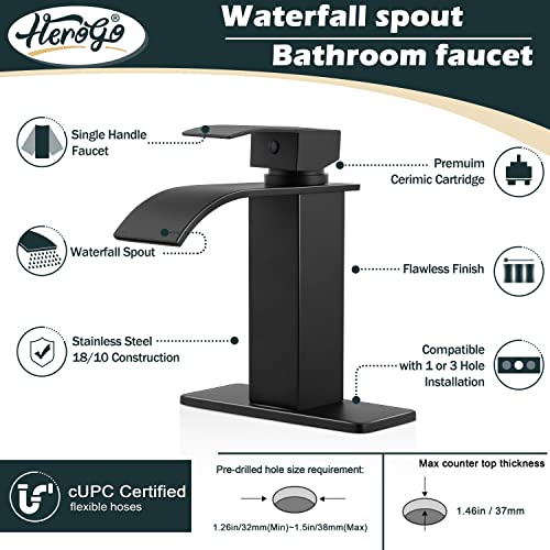 Herogo Black Bathroom Faucet with Bathroom Sink Drain, Single Handle Waterfall Bathroom Sink Faucet for 1 Hole or 3 Holes, Stainless Steel Matte Black Vanity RV Lavatory Faucet with Water Supply Hoses