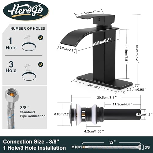 Herogo Black Bathroom Faucet with Bathroom Sink Drain, Single Handle Waterfall Bathroom Sink Faucet for 1 Hole or 3 Holes, Stainless Steel Matte Black Vanity RV Lavatory Faucet with Water Supply Hoses