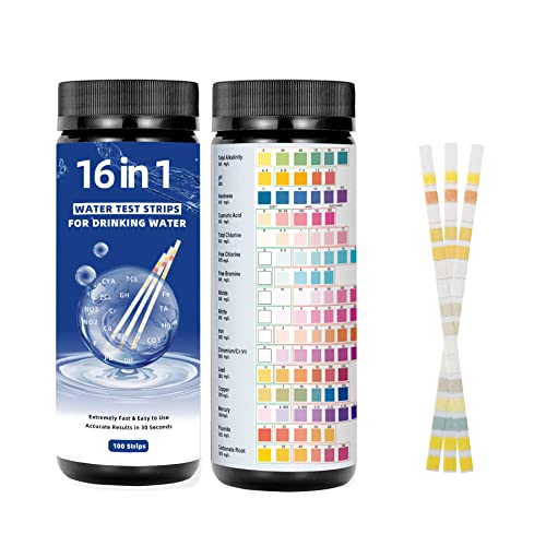 Drinking Water Test Strips, 16 in 1 Water Testing Kits for Drinking Water, 100 PCS Tap and Well Water Test Kit Easy Testing for PH, Hardness, Chlorine, Lead, Iron, Copper, Nitrate, Nitrite and More