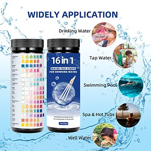 Drinking Water Test Strips, 16 in 1 Water Testing Kits for Drinking Water, 100 PCS Tap and Well Water Test Kit Easy Testing for PH, Hardness, Chlorine, Lead, Iron, Copper, Nitrate, Nitrite and More