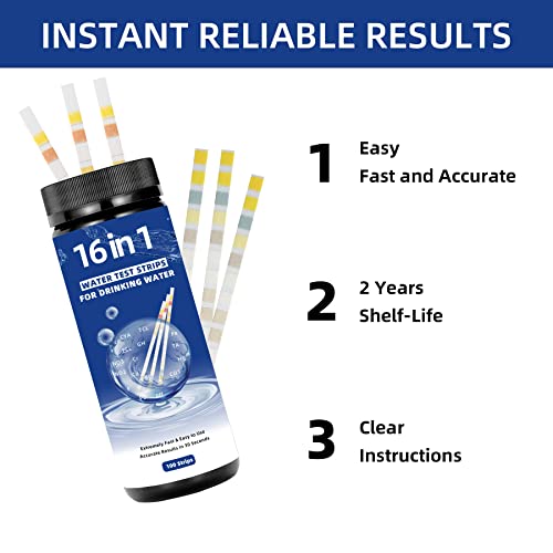 Drinking Water Test Strips, 16 in 1 Water Testing Kits for Drinking Water, 100 PCS Tap and Well Water Test Kit Easy Testing for PH, Hardness, Chlorine, Lead, Iron, Copper, Nitrate, Nitrite and More