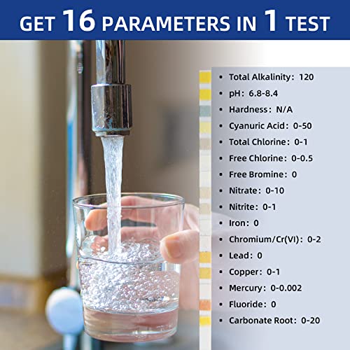 Drinking Water Test Strips, 16 in 1 Water Testing Kits for Drinking Water, 100 PCS Tap and Well Water Test Kit Easy Testing for PH, Hardness, Chlorine, Lead, Iron, Copper, Nitrate, Nitrite and More