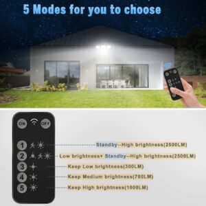FLITI Motion Sensor Outdoor Lights,2500LM Remote Control Security Flood Lights with Always ON Mode,Adjustable 3 Lamp Heads,Dusk to Dawn,IP65 Waterproof for Garage,Yard,Porch
