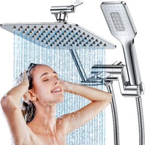 shower head with handheld, shawilk 8’’ high pressure rain shower head with adjustable extension arm dual square shower head combo with 3 spray settings, 5ft shower hose, anti-leak & easy installation