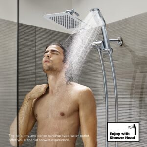 Shower Head with Handheld, Shawilk 8’’ High Pressure Rain shower Head with Adjustable Extension Arm Dual Square Shower Head Combo With 3 Spray Settings, 5ft Shower Hose, Anti-leak & Easy Installation