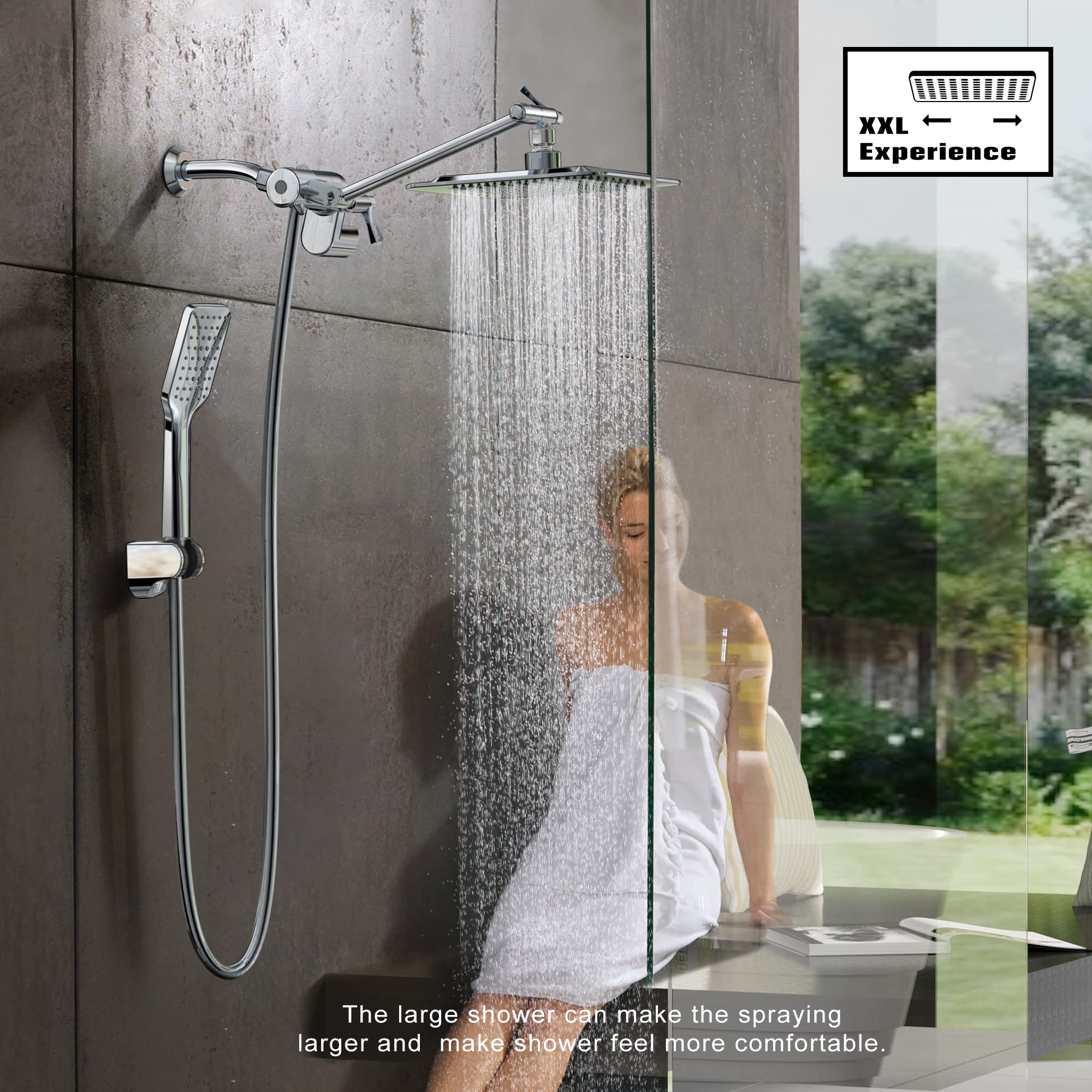 Shower Head with Handheld, Shawilk 8’’ High Pressure Rain shower Head with Adjustable Extension Arm Dual Square Shower Head Combo With 3 Spray Settings, 5ft Shower Hose, Anti-leak & Easy Installation