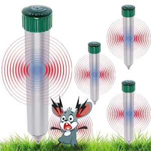 4 pack sonic mole chaser - battery operated pest repeller stake, scares away moles, voles, gophers and rats by reusable revolution (metal & green)