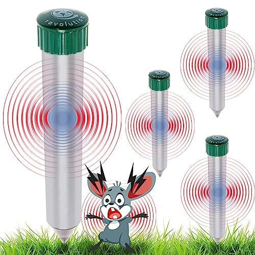 4 Pack Sonic Mole Chaser - Battery Operated Pest Repeller Stake, Scares Away Moles, Voles, Gophers and Rats by Reusable Revolution (Metal & Green)