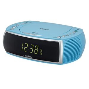 jensen sky blue modern home cd tabletop stereo clock digital am/fm radio cd player dual alarm clock cd top-loading player | usb charging port dv 5v 800ma | headphone jack | 0.9 display green led
