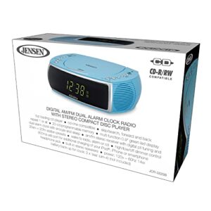 Jensen Sky Blue Modern Home CD Tabletop Stereo Clock Digital AM/FM Radio CD Player Dual Alarm Clock CD Top-Loading Player | USB Charging Port DV 5V 800mA | Headphone Jack | 0.9 Display Green LED