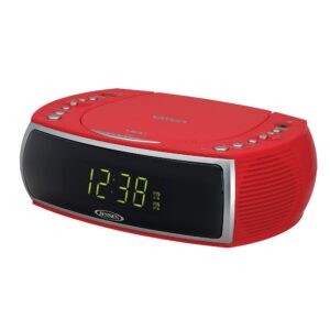 jensen red modern home cd tabletop stereo clock digital am/fm radio cd player dual alarm clock cd top-loading player | usb charging port dv 5v 800ma | headphone jack | 0.9 display green led