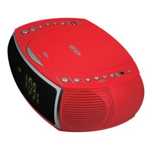 Jensen Red Modern Home CD Tabletop Stereo Clock Digital AM/FM Radio CD Player Dual Alarm Clock CD Top-Loading Player | USB Charging Port DV 5V 800mA | Headphone Jack | 0.9 Display Green LED