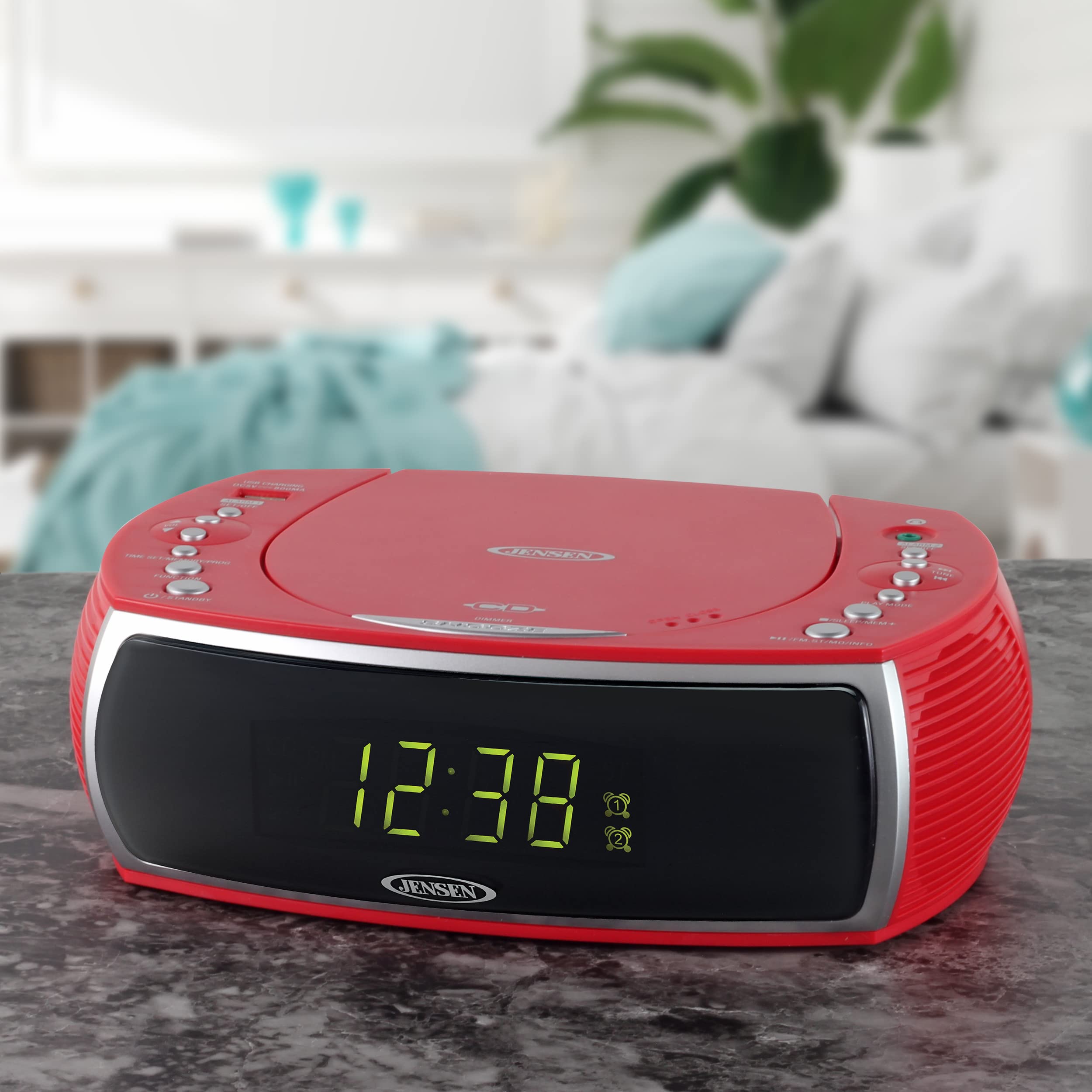 Jensen Red Modern Home CD Tabletop Stereo Clock Digital AM/FM Radio CD Player Dual Alarm Clock CD Top-Loading Player | USB Charging Port DV 5V 800mA | Headphone Jack | 0.9 Display Green LED